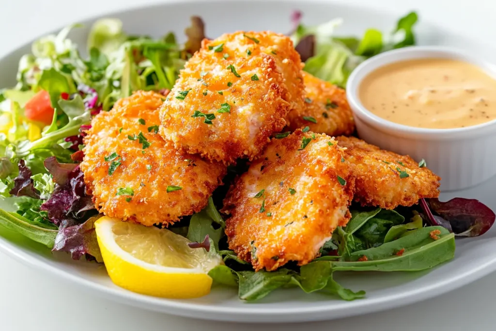 A serving plate with salmon patties, salad, and dipping sauce