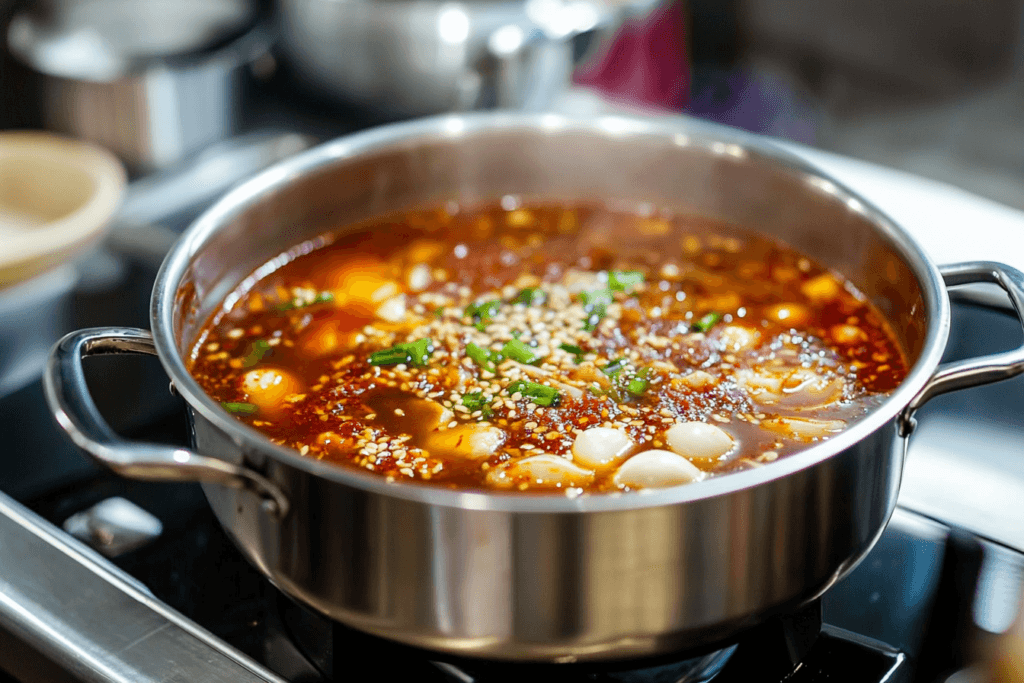 A simmering pot of broth with red chili paste and aromatic