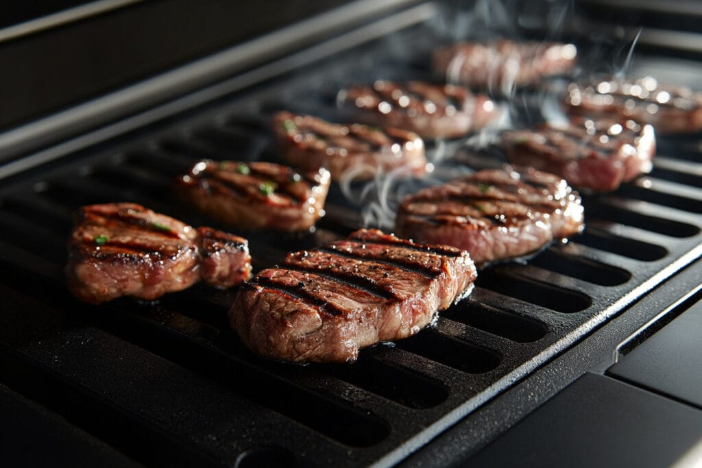 Chipotle steak grilling on a flat-top grill with smoke rising