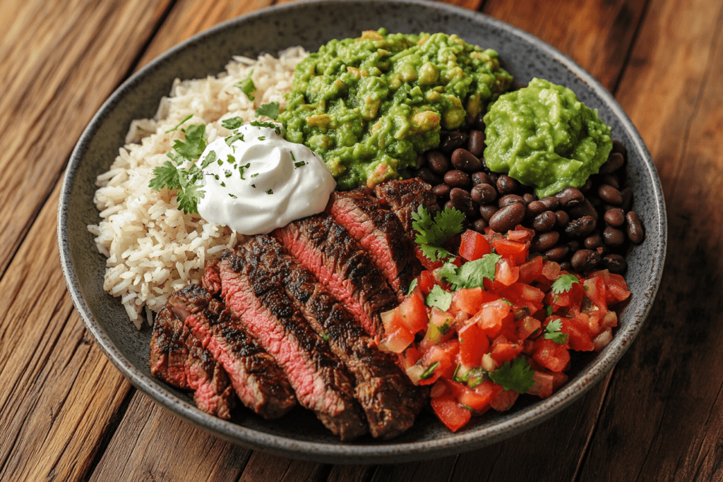 A Chipotle steak bowl paired with sour cream, guacamole, and limeade