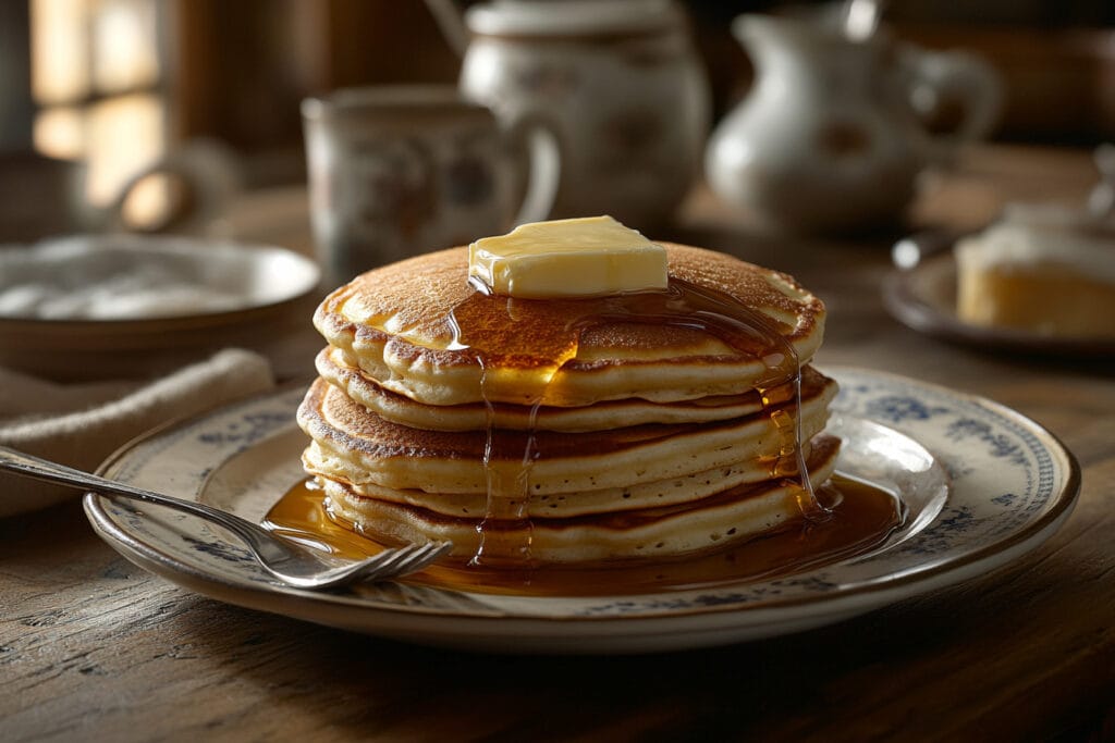 Comparison between hotcake mix and pancake mix with pancakes and hotcakes on a table