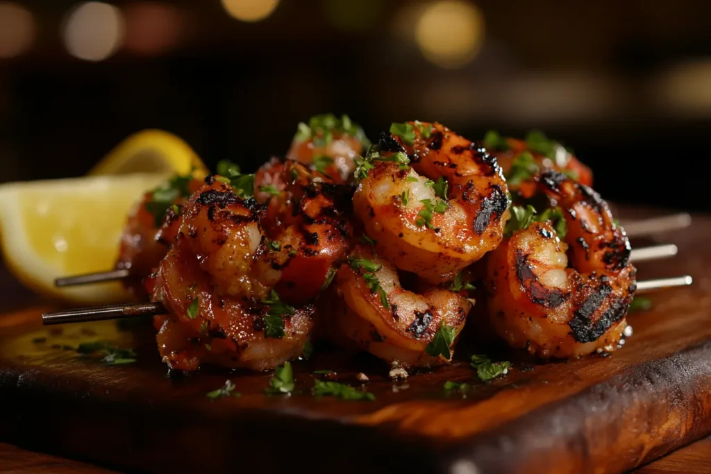 A close-up of perfectly grilled shrimp on skewers