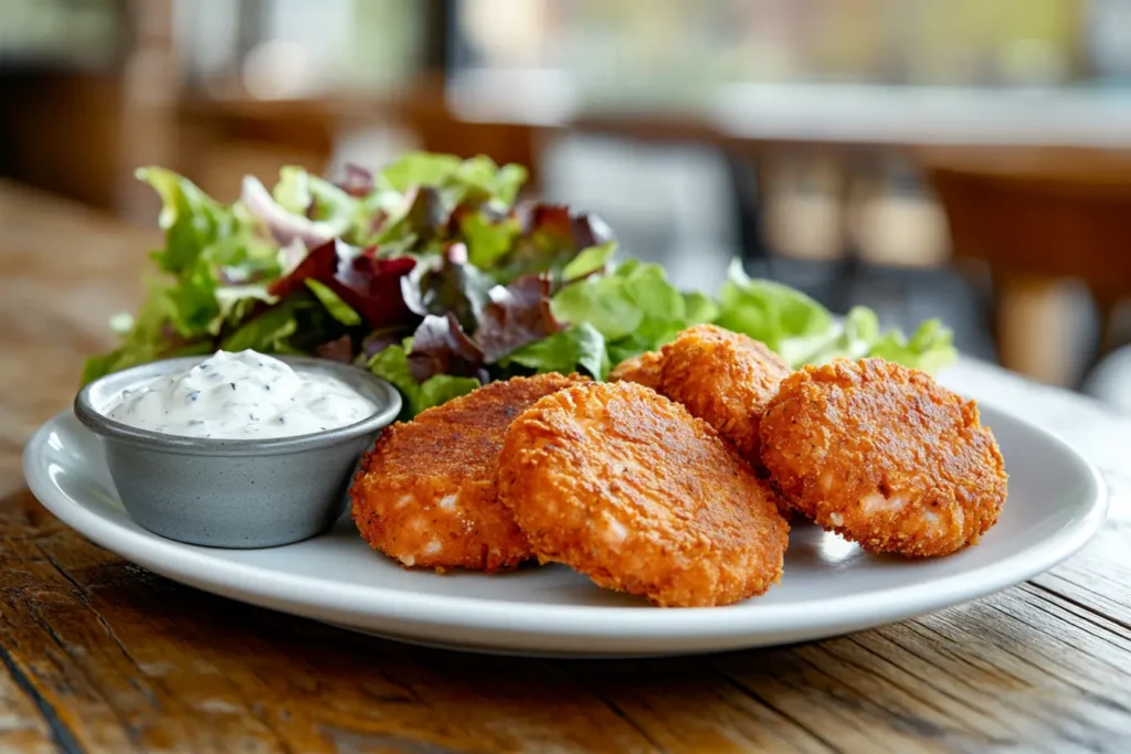 A plate of golden salmon patties served with fresh salad and dipping sauce