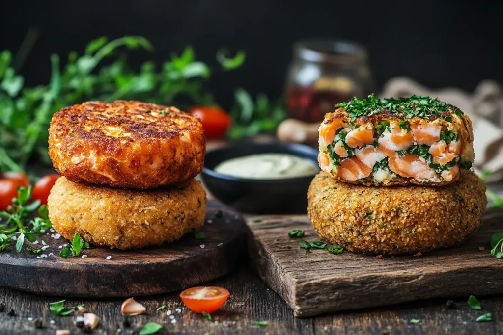 Comparison of salmon patties and salmon croquettes on a tabl