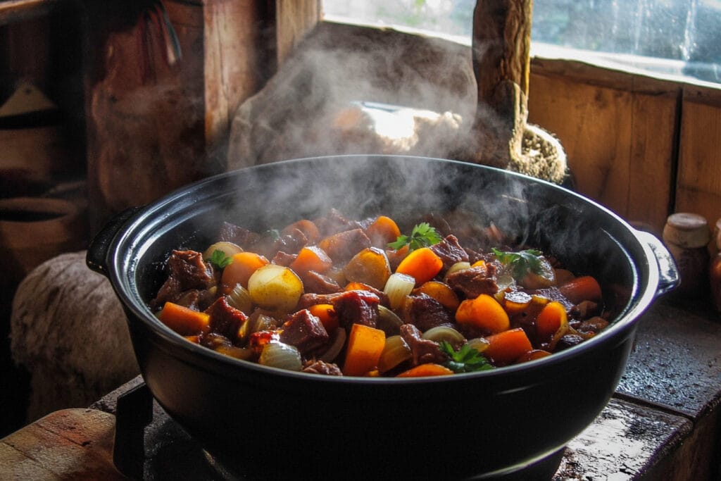 A slow cooker with braised venison and vegetables