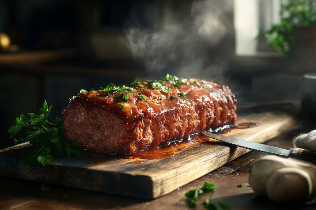 Smoked meatloaf on a wooden cutting board
