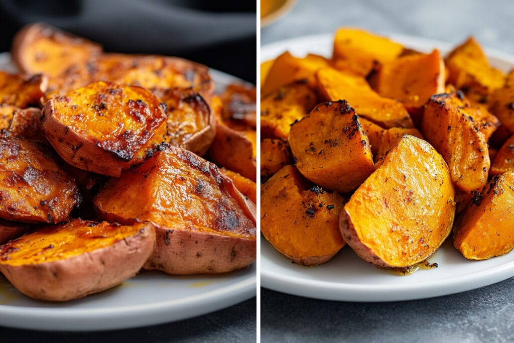Whole sweet potatoes being baked on a tray lined with foil in an oven
