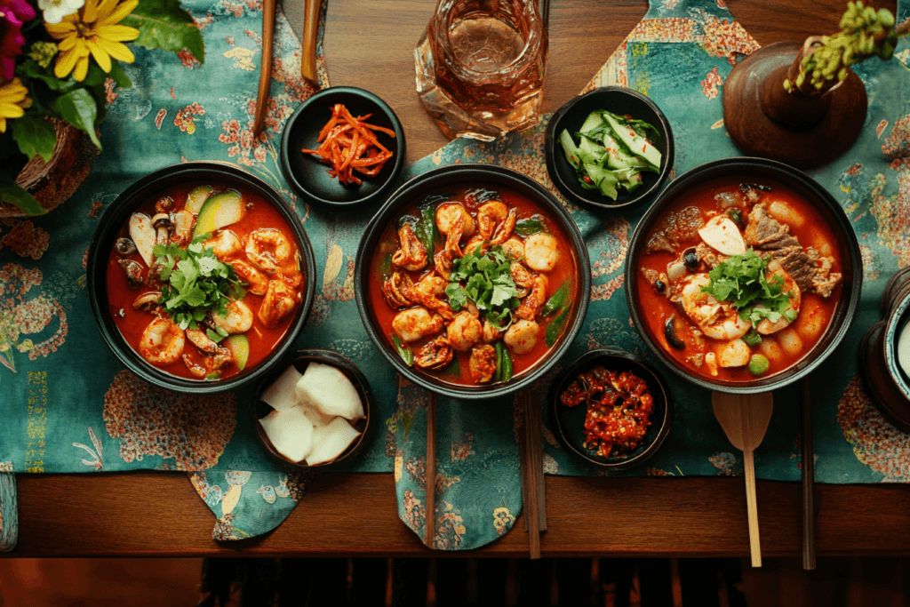 Three bowls of Sundubu Jjigae with seafood, beef, and vegetarian options