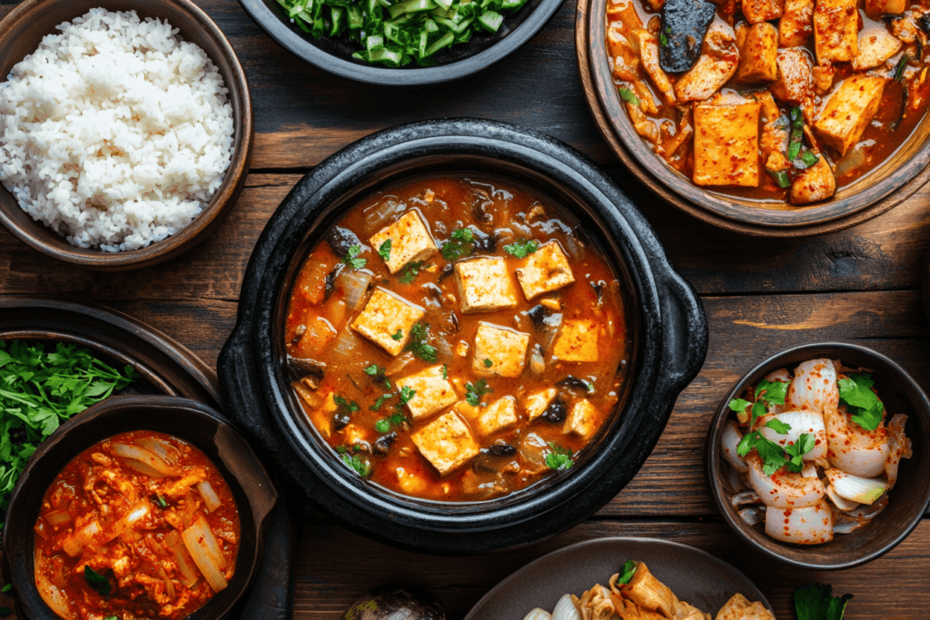 Sundubu jjigae and Kimchi jjigae served side by side in traditional Korean bowls