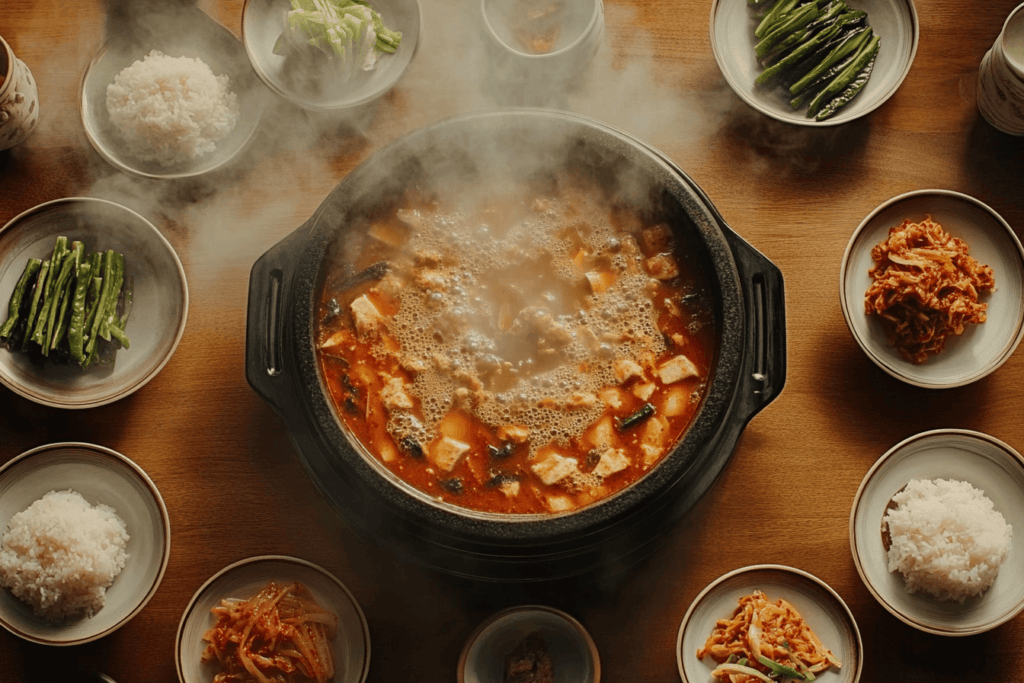 A traditional Korean meal with Sundubu-jjigae at the center.