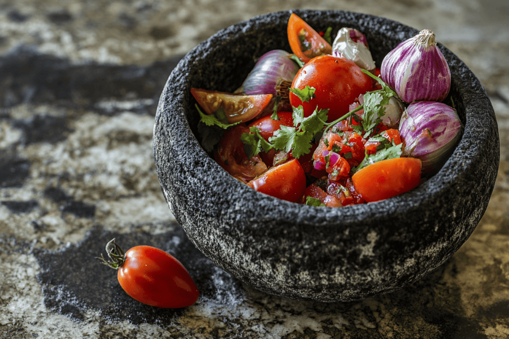 Traditional Mexican Molcajete with Fresh Ingredients