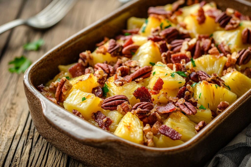 A pineapple casserole with pecans and bacon bits as topping.