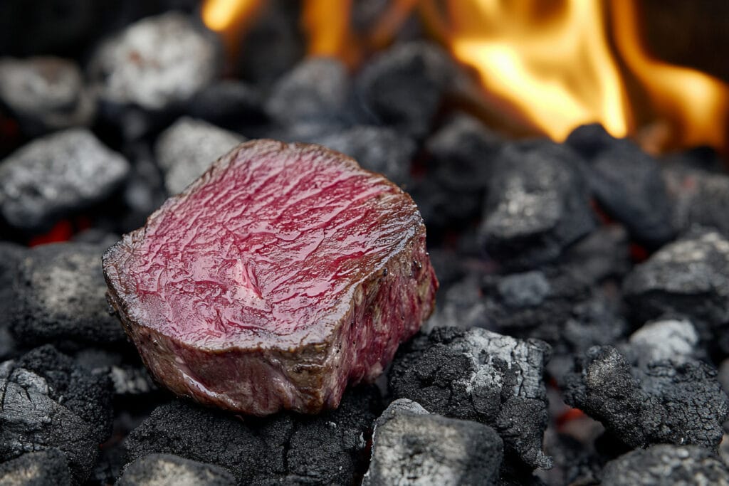 Grilled venison steak with a smoky flavor on a grill.