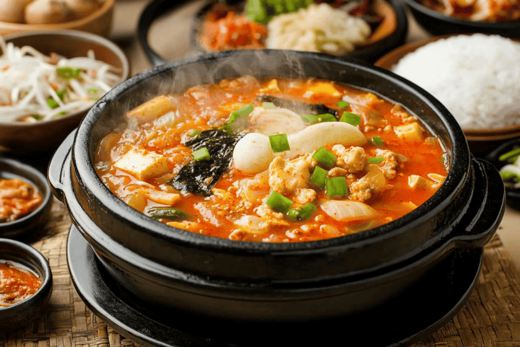 A bowl of Sundubu-jjigae served with rice and side dishes