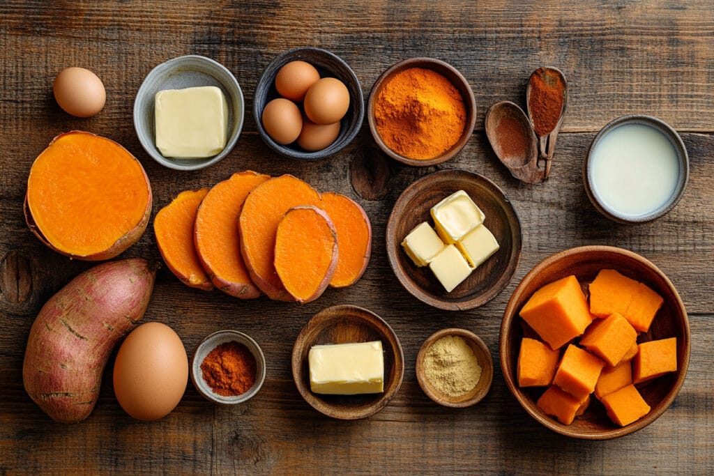 Sweet potatoes, eggs, milk, butter, sugar, and spices arranged on a table