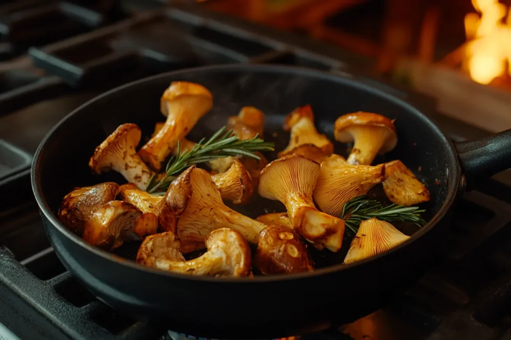 King Trumpet mushrooms in a cooking pan with garlic and herbs.