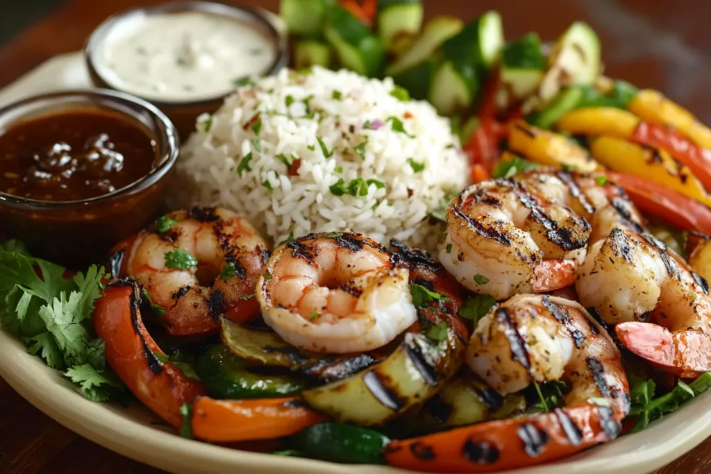 Shrimp served with rice and vegetables