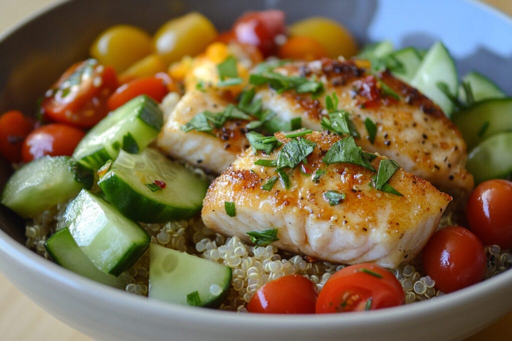 Rockfish quinoa bowl with avocado, cherry tomatoes, and cucumber.