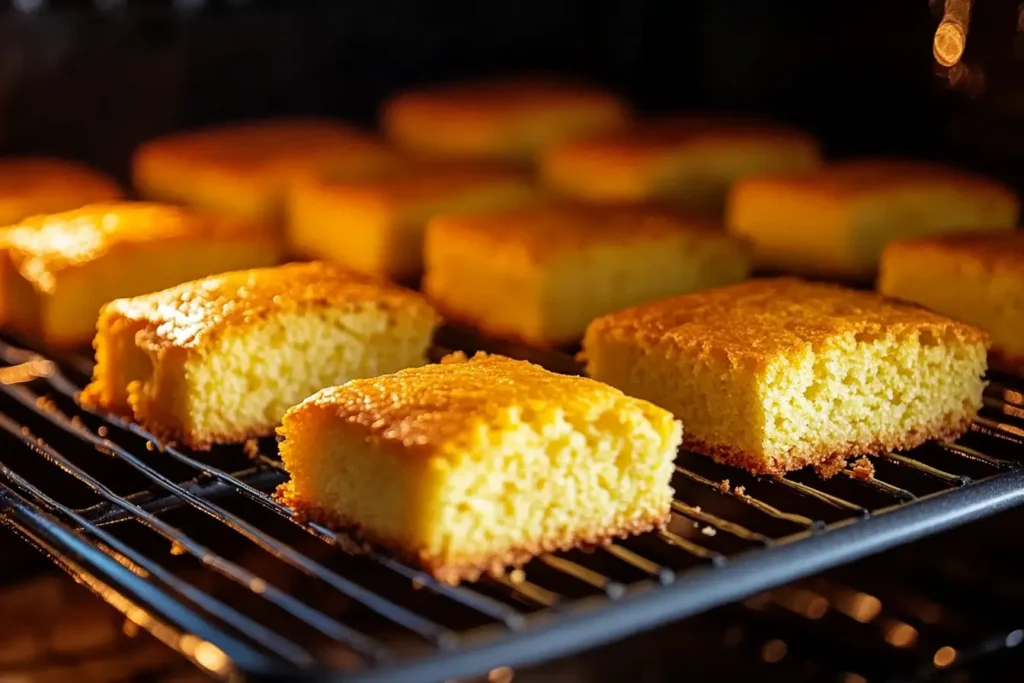 Jiffy Mexican Cornbread baking in a cast iron skillet inside an oven.