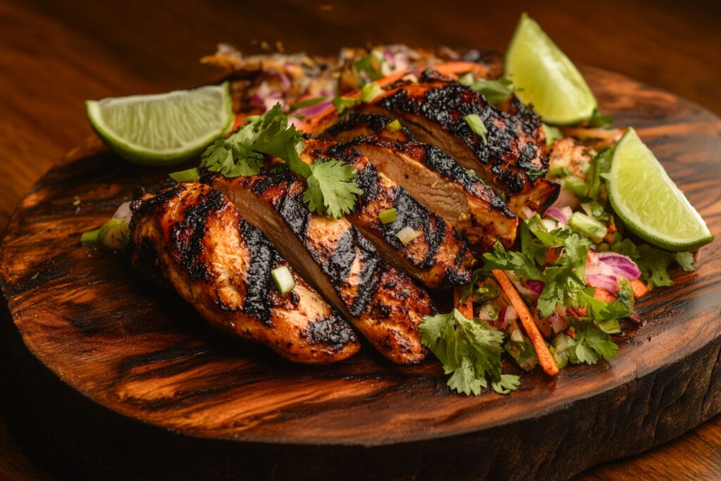 Grilled Pollo Asada with char marks, garnished with lime and cilantro