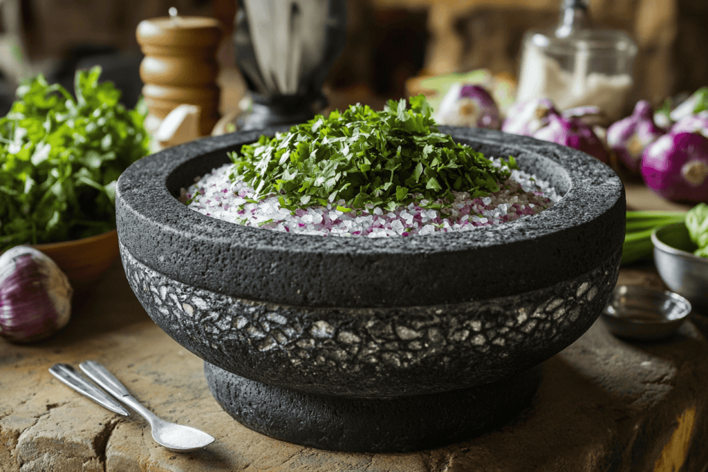 Herbs and salt used for curing a molcajete