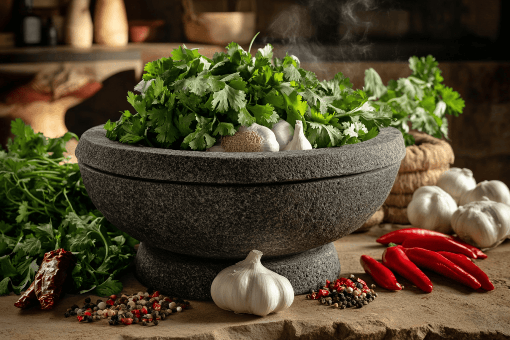 Traditional molcajete with herbs and spices