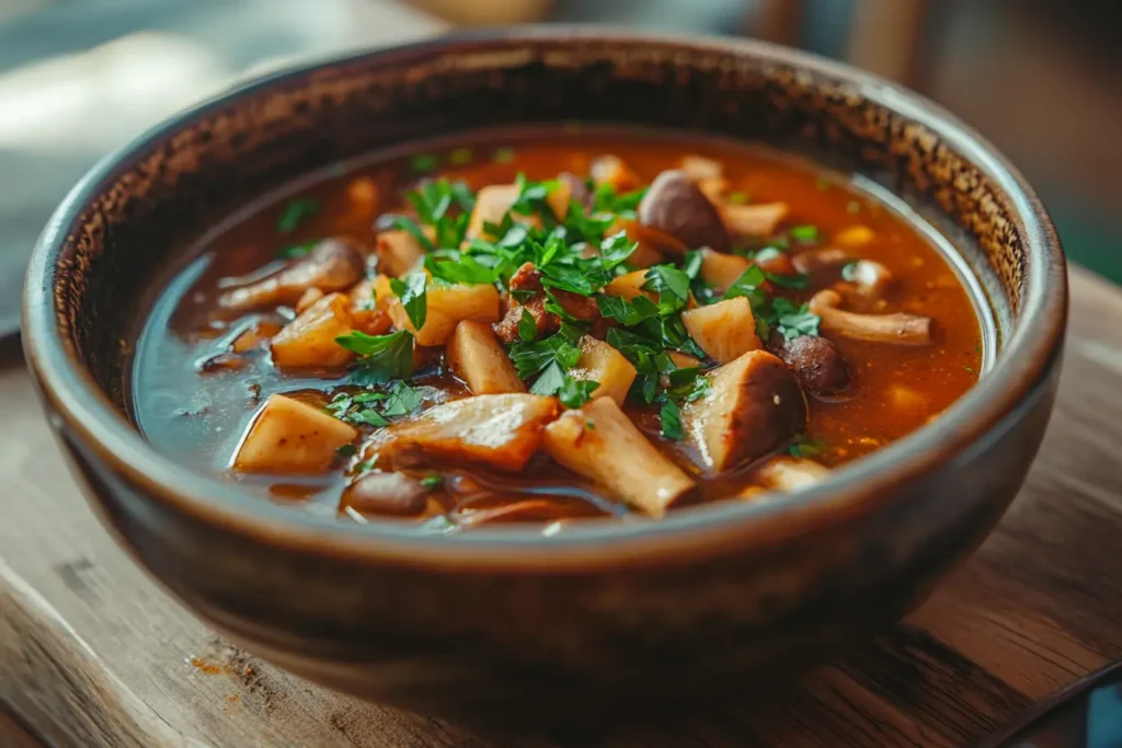 Bowl of soup with King Trumpet mushrooms