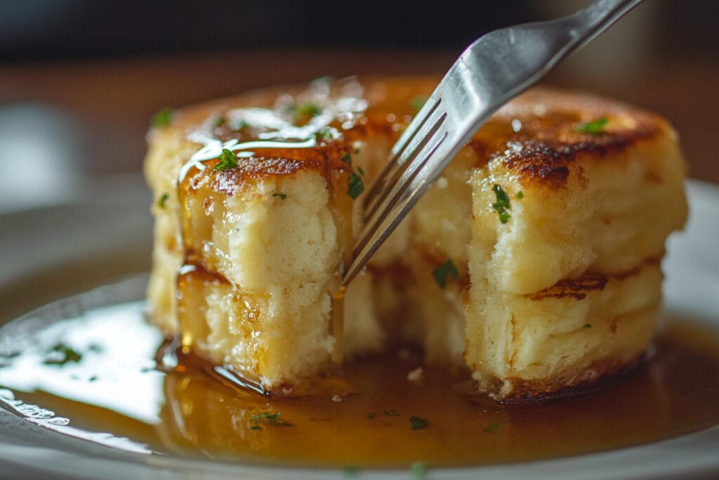 A close-up of fluffy, golden hotcakes with syrup drizzling down.
