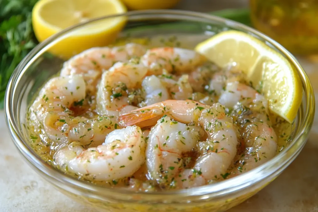 Shrimp marinating in a bowl with garlic and herbs