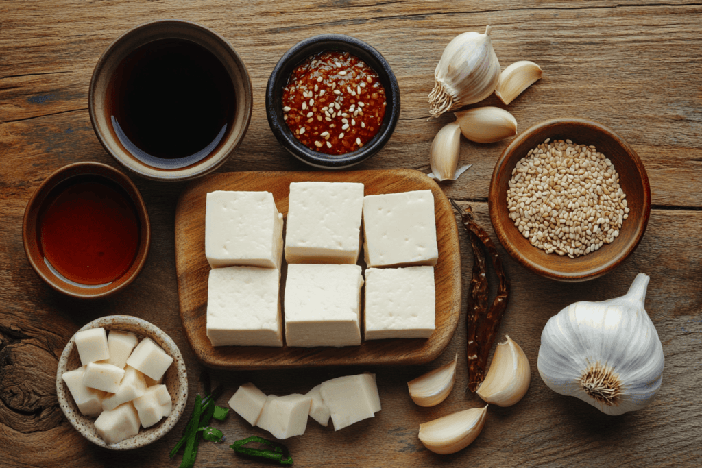 Silken tofu, gochugaru, garlic, and sesame oil on a table.
