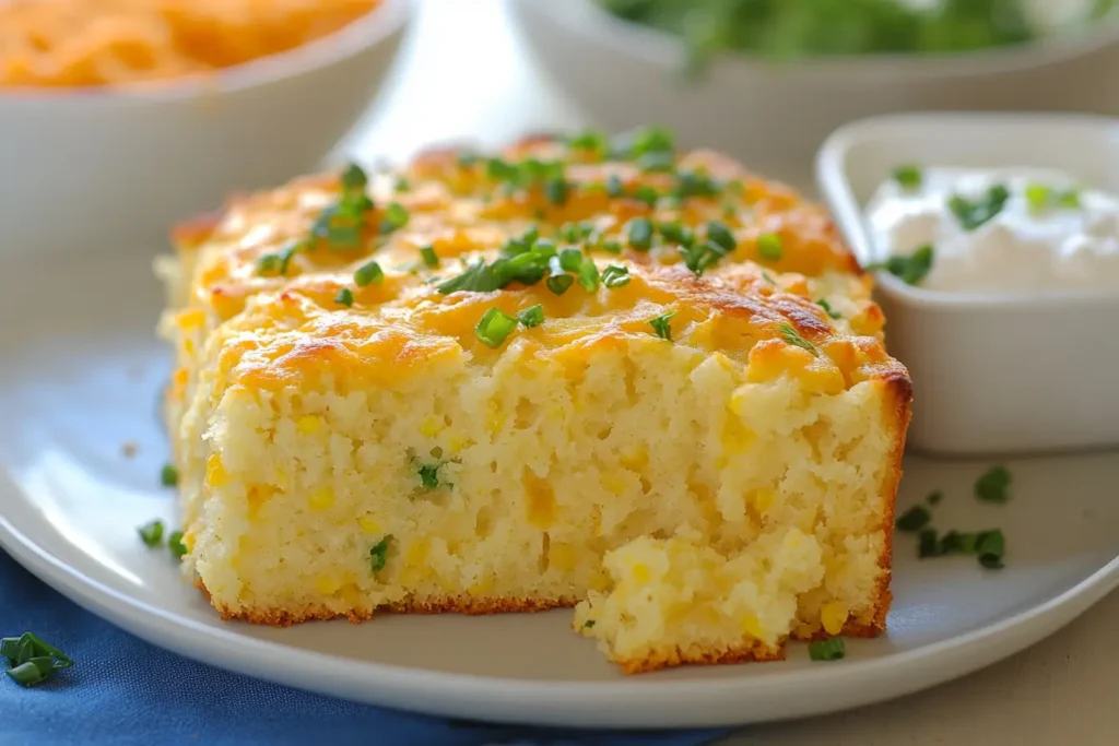 A golden slice of Jiffy Mexican Cornbread on a plate with jalapeños and cheese