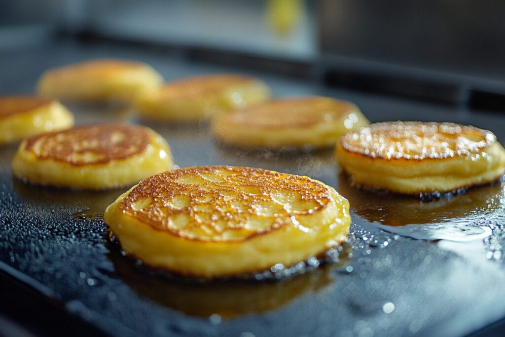 Hotcakes cooking on a non-stick frying pan.