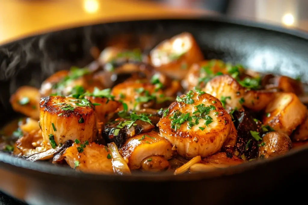 Vegan King Trumpet mushroom scallops in a skillet