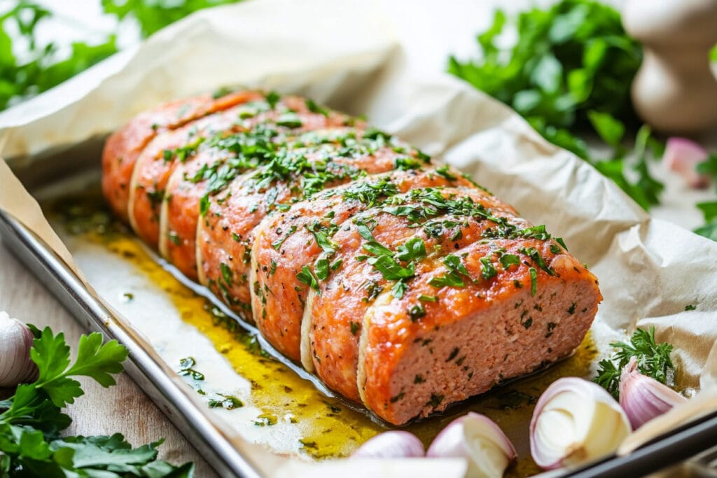 Raw meatloaf shaped and seasoned on a tray.