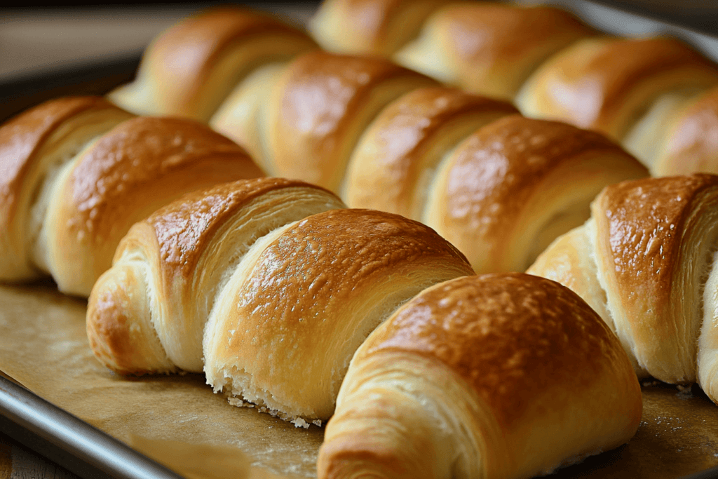 Homemade crescent rolls on a baking tray