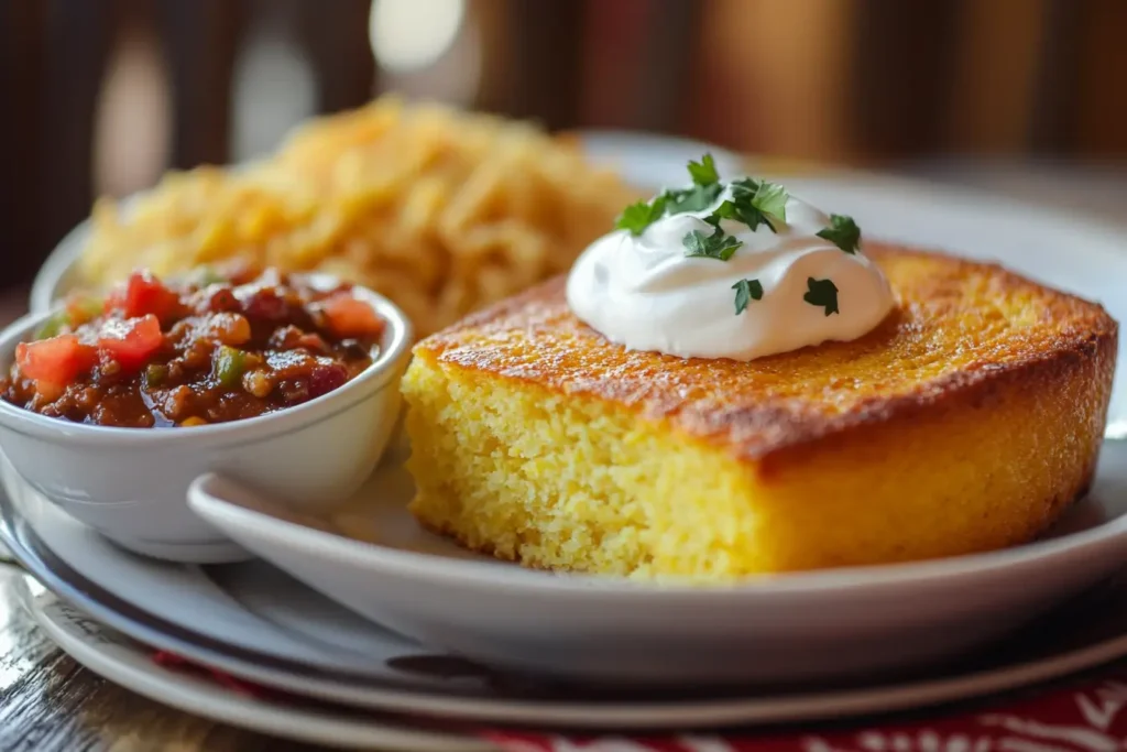 A table setting with Jiffy Mexican Cornbread served alongside chili and salsa