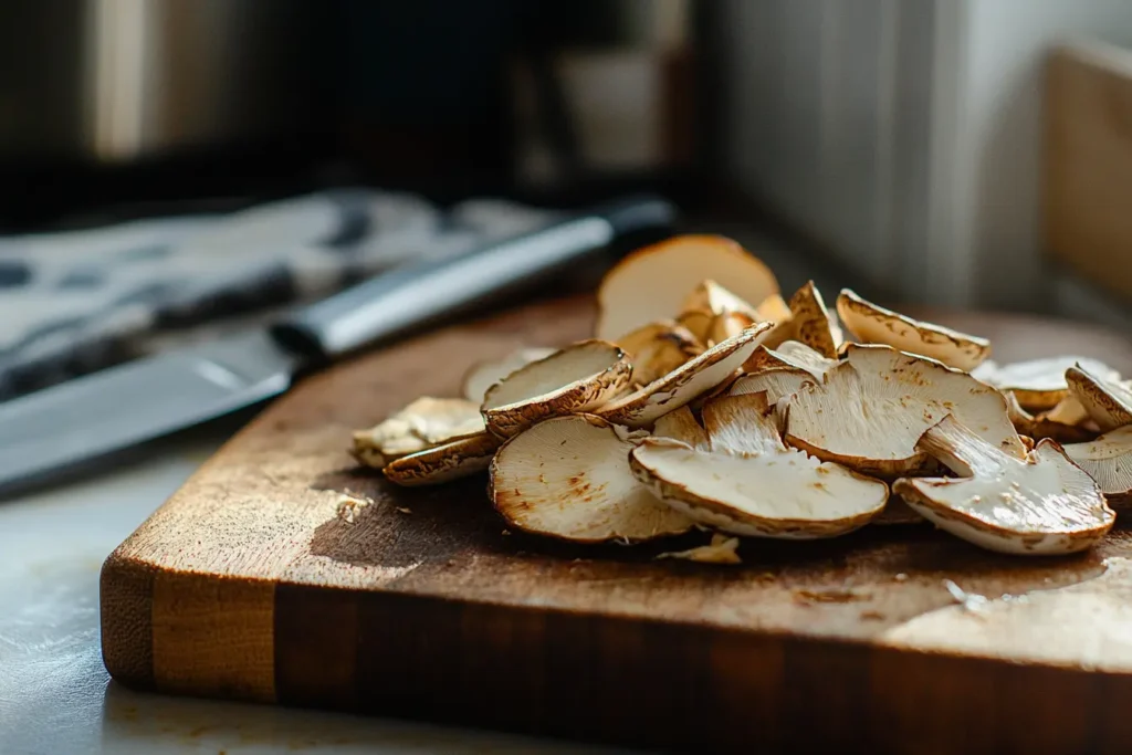Sliced King Trumpet mushrooms on a cutting board