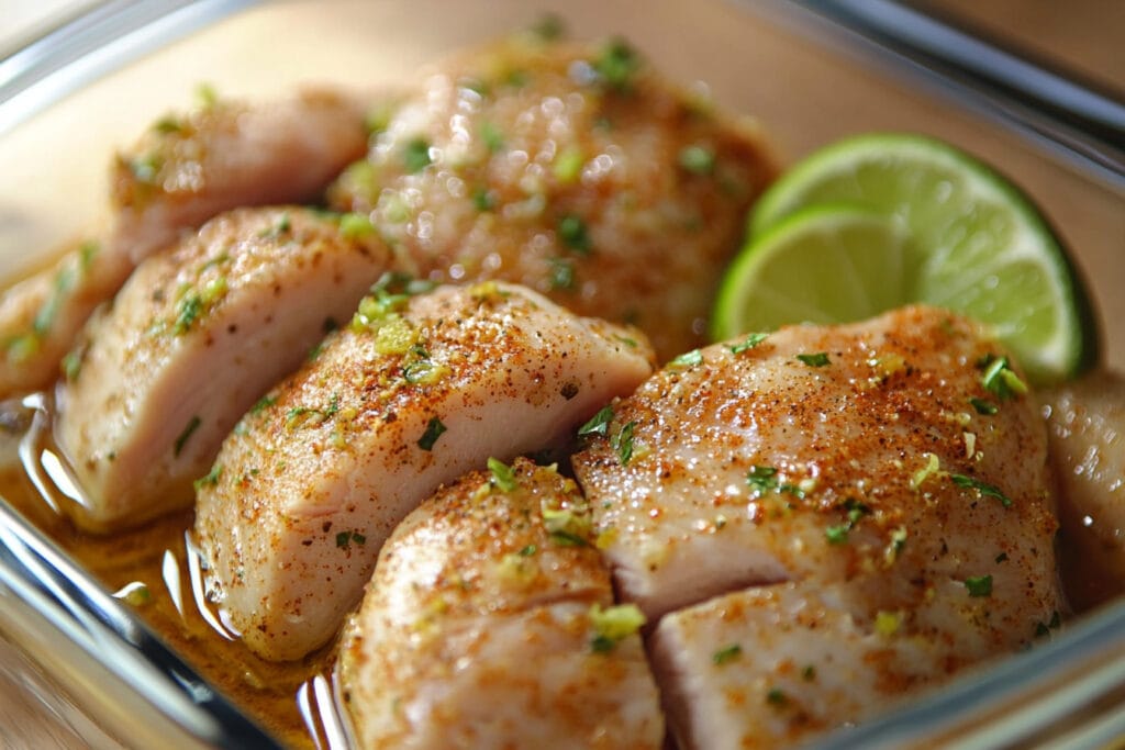 Chicken marinating in Pollo Asado seasoning with lime slices
