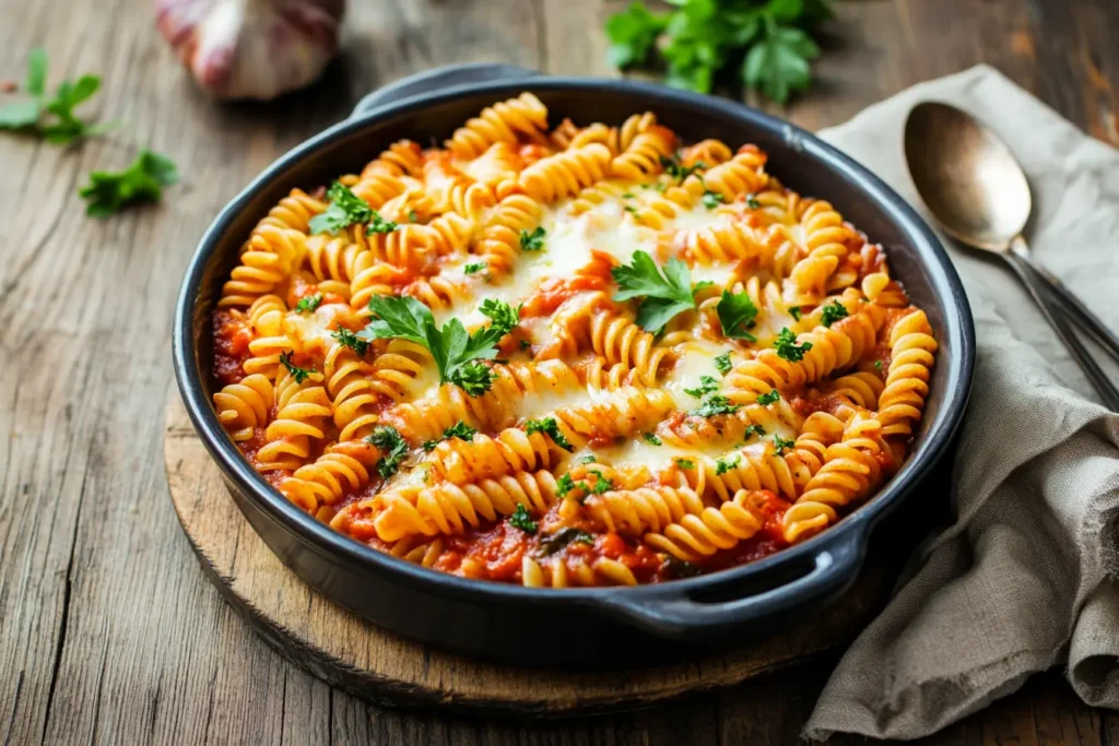 Cooked fusilli pasta in a baking dish with layers of sauce and cheese