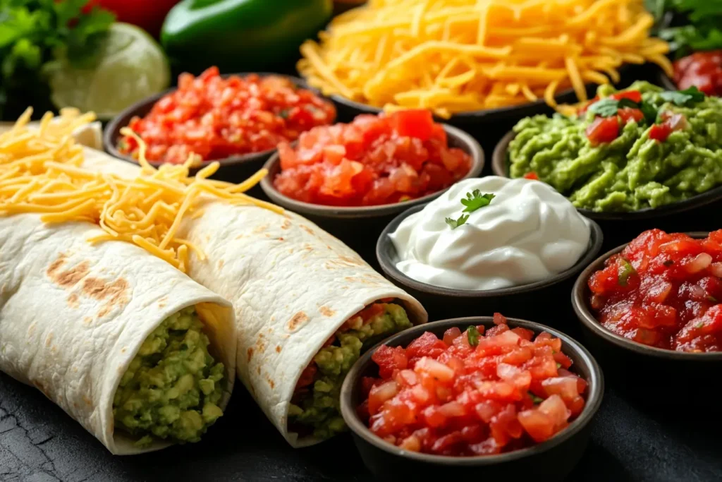 Toppings for a chorizo breakfast burrito.