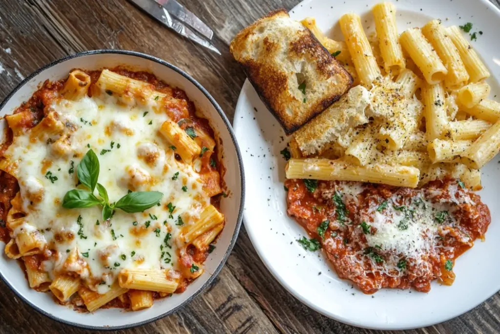 Baked ziti and baked rigatoni served on plates"