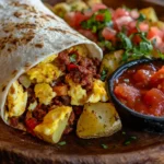 A hearty chorizo breakfast burrito with eggs, potatoes, and toppings.