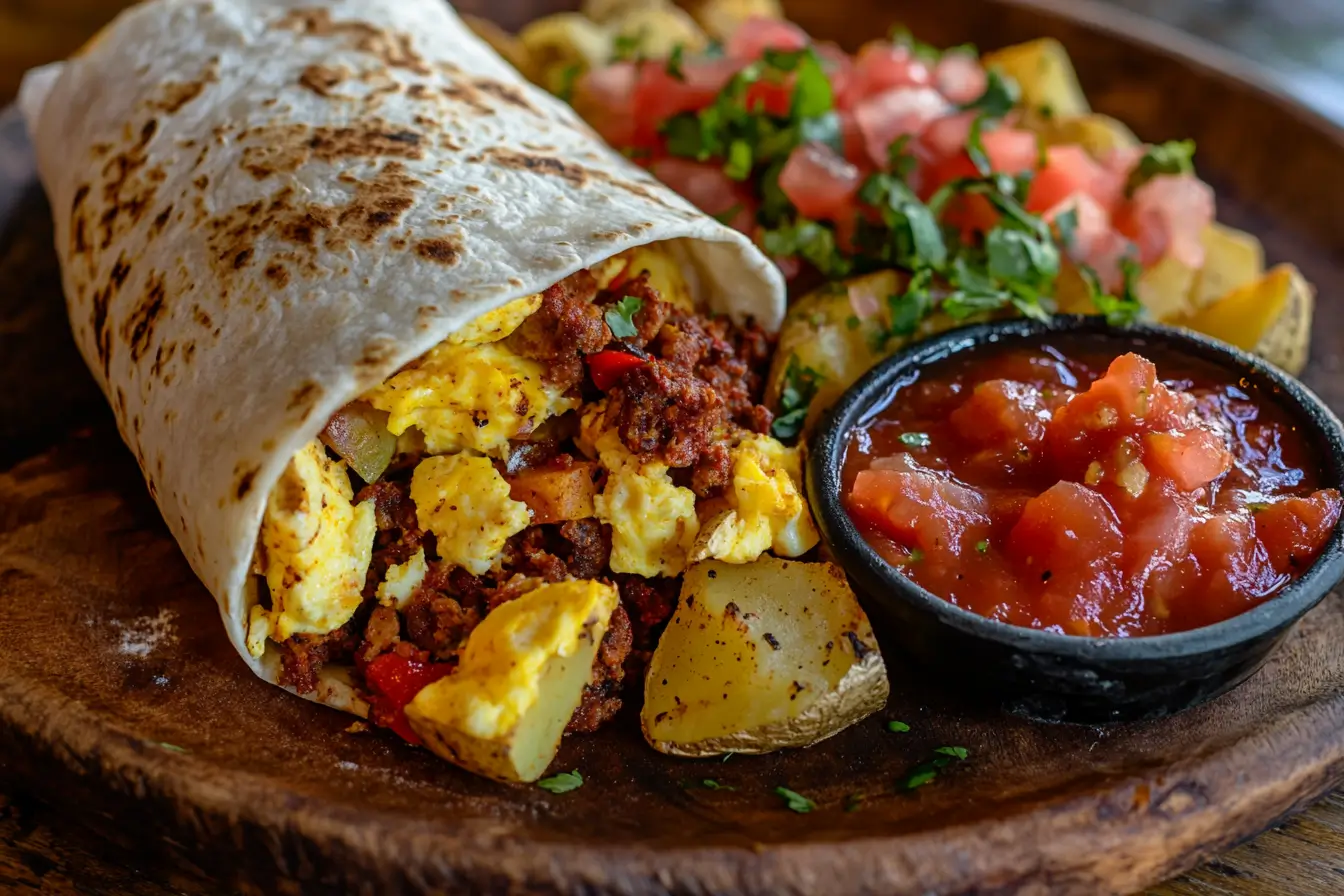 A hearty chorizo breakfast burrito with eggs, potatoes, and toppings.
