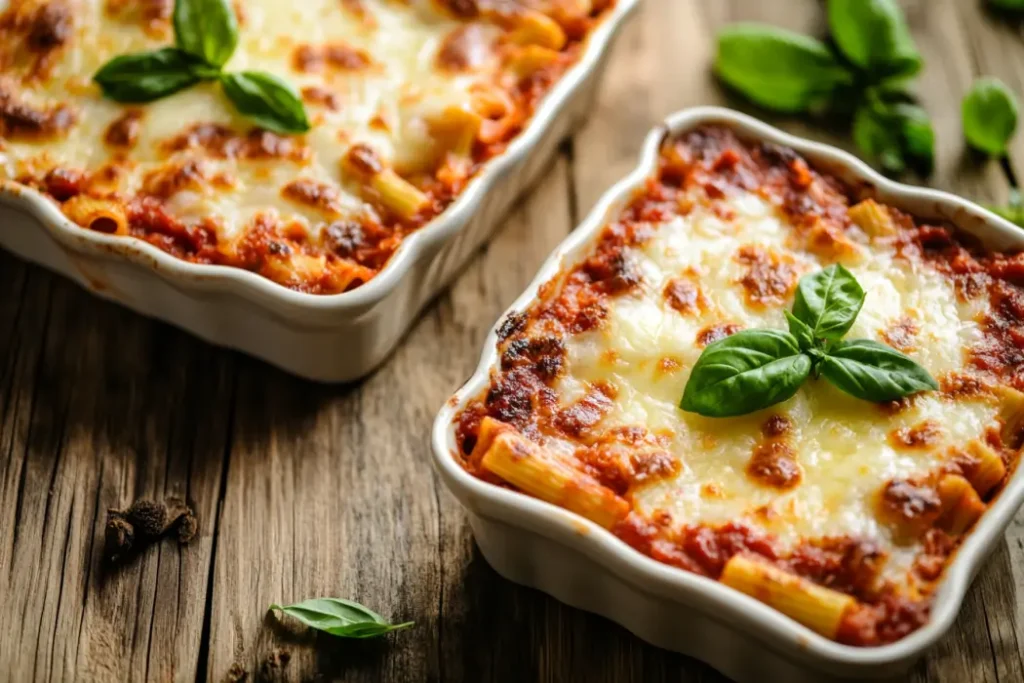 Close-up of baked ziti with melted cheese and marinara sauce