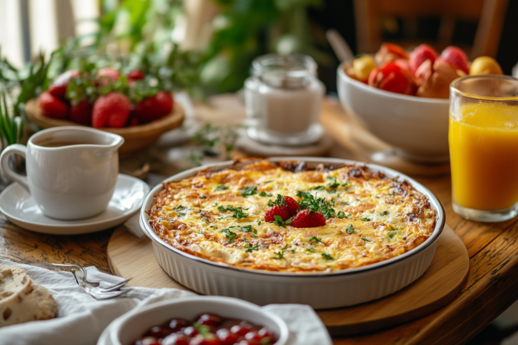 Breakfast table with egg bake and frittata.