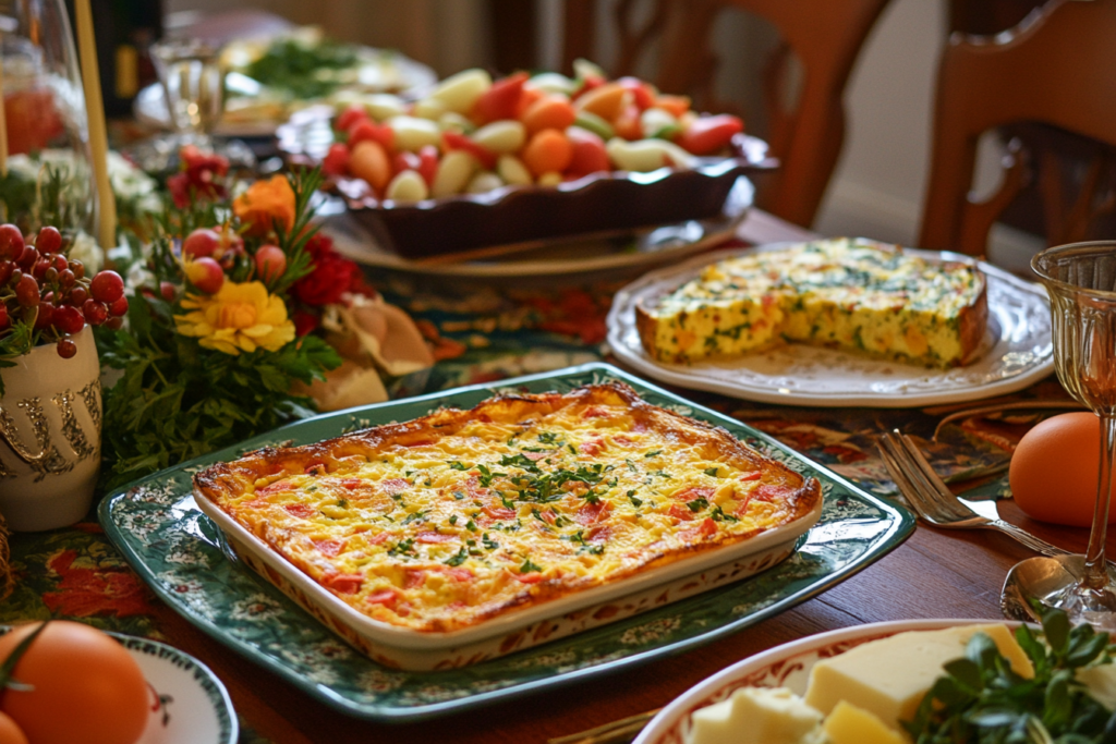 A freshly baked egg casserole in a dish.