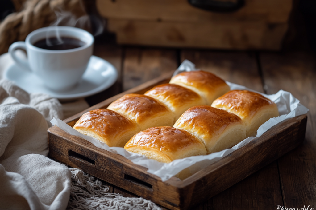Freshly baked pandebono rolls next to a cup of coffee.
