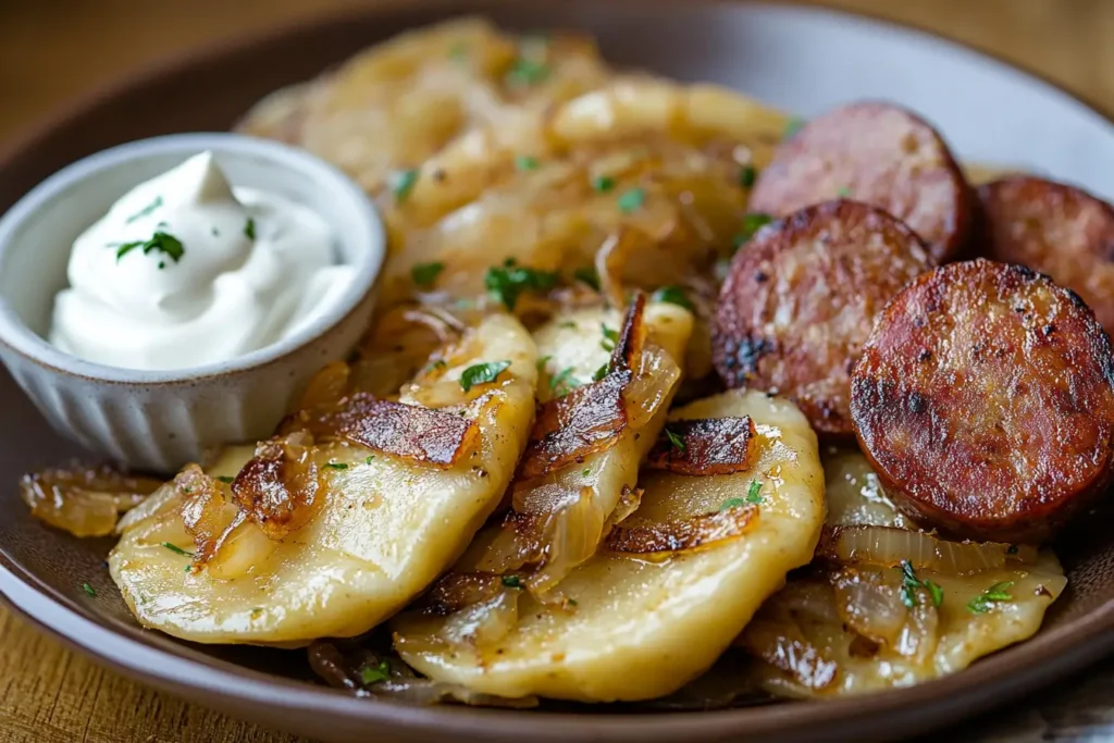 Pierogies and kielbasa served on a white plate
