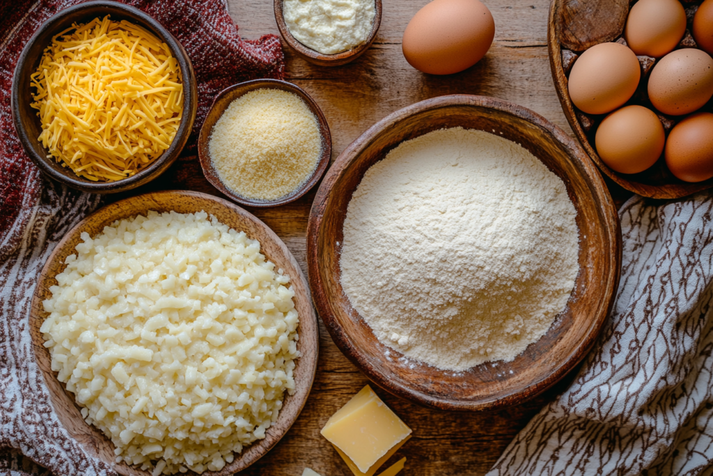 Ingredients for pandebono: yuca flour, eggs, cheese, and cornmeal.
