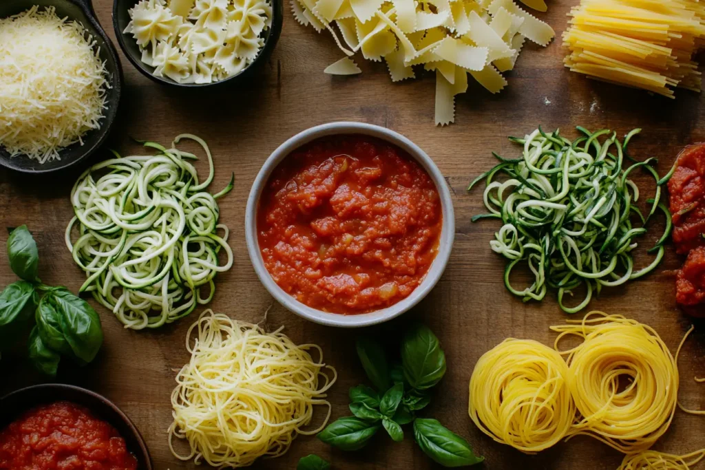 Various pasta substitutes for baked ziti arranged on a table